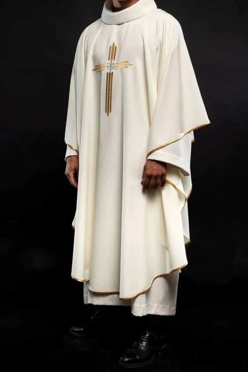 Ecru Chasuble with cross and IHS embroidery — front view