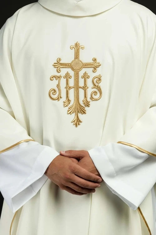 Ecru Chasuble with cross and IHS embroidery — front view