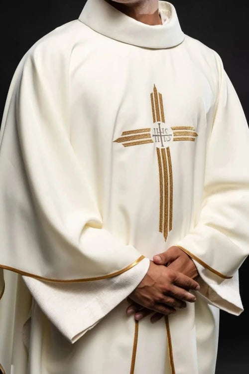 Ecru Chasuble with cross and IHS embroidery — full view