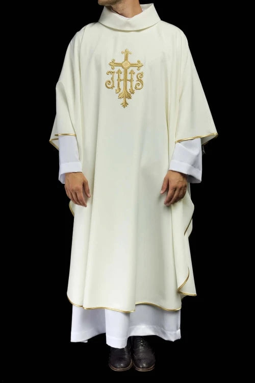 Ecru Chasuble with cross and IHS embroidery — full view