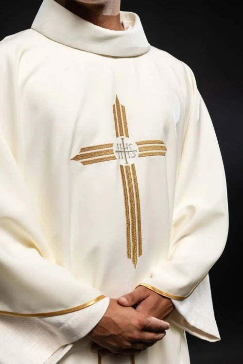 Ecru Chasuble with cross and IHS embroidery — decoration detail
