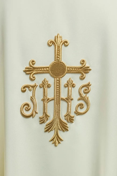 Ecru Chasuble with cross and IHS embroidery — decoration detail