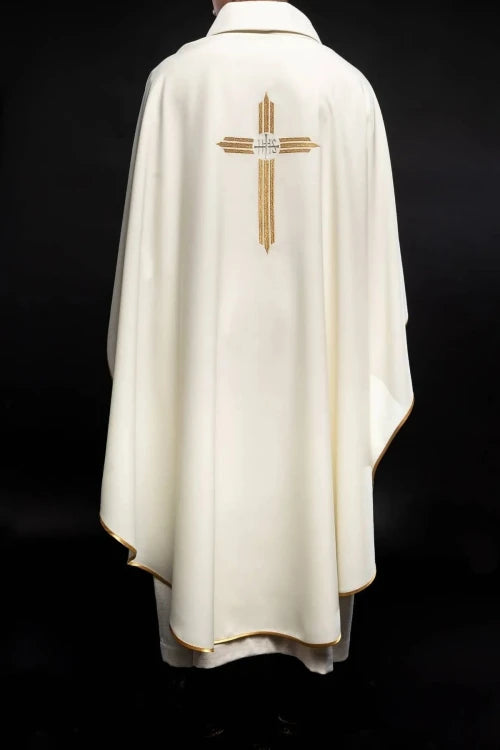 Ecru Chasuble with cross and IHS embroidery — back view