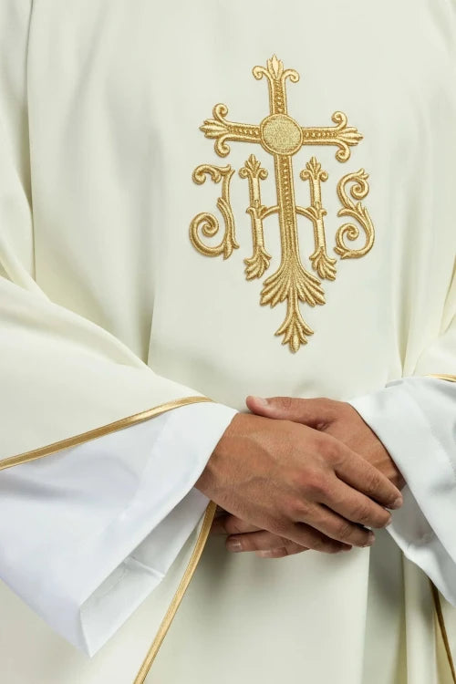 Ecru Chasuble with cross and IHS embroidery — back view