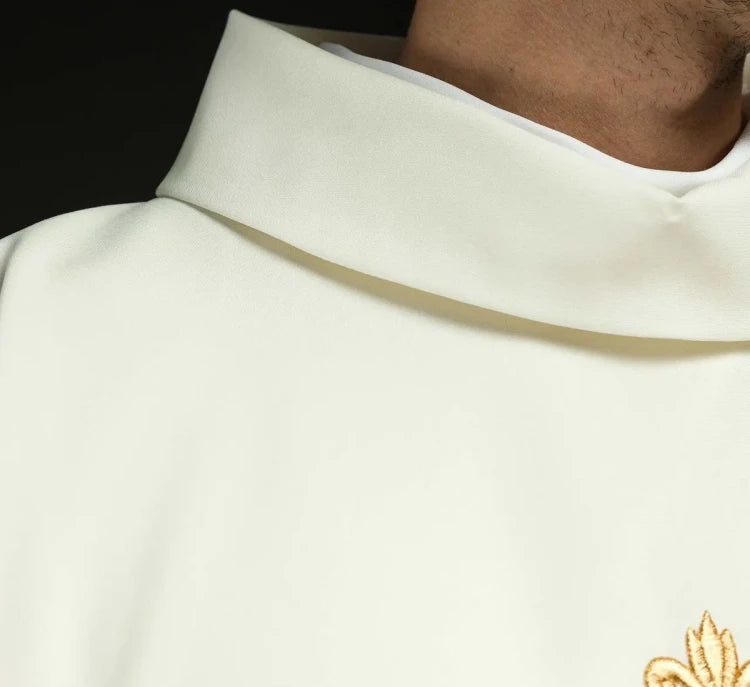 Ecru Chasuble with cross and IHS embroidery — close-up detail