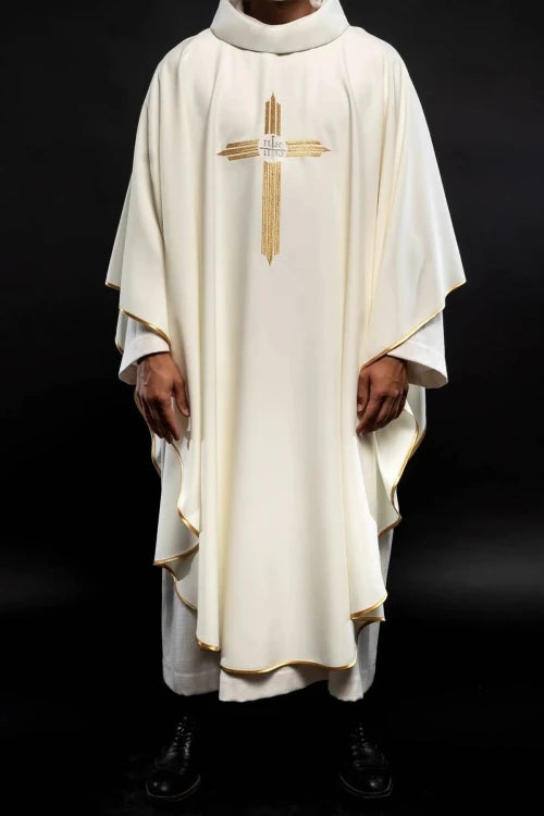 Ecru Chasuble with cross and IHS embroidery — side view