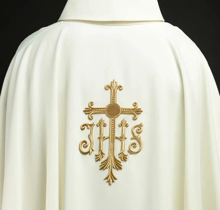 Ecru Chasuble with cross and IHS embroidery — side view