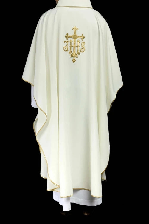 Ecru Chasuble with cross and IHS embroidery — collar detail