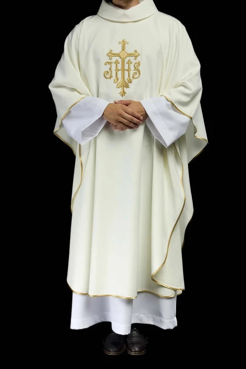 Ecru Chasuble with cross and IHS embroidery — fabric detail