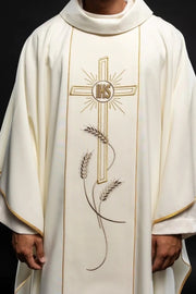 Ecru Chasuble with cross and IHS embroidery – Variant II — front view