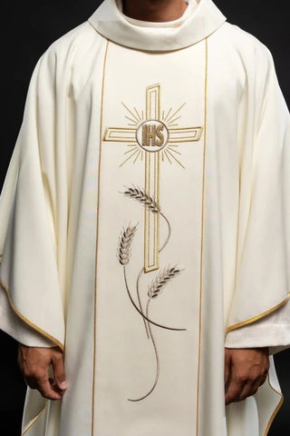Ecru Chasuble with cross and IHS embroidery – Variant II — front view