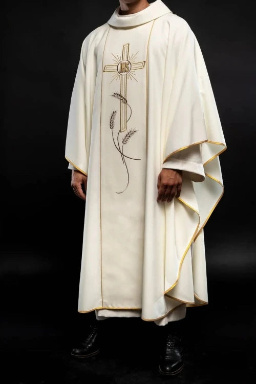 Ecru Chasuble with cross and IHS embroidery – Variant II — full view