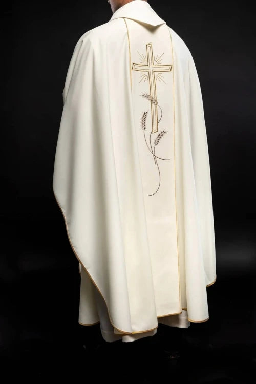 Ecru Chasuble with cross and IHS embroidery – Variant II — back view