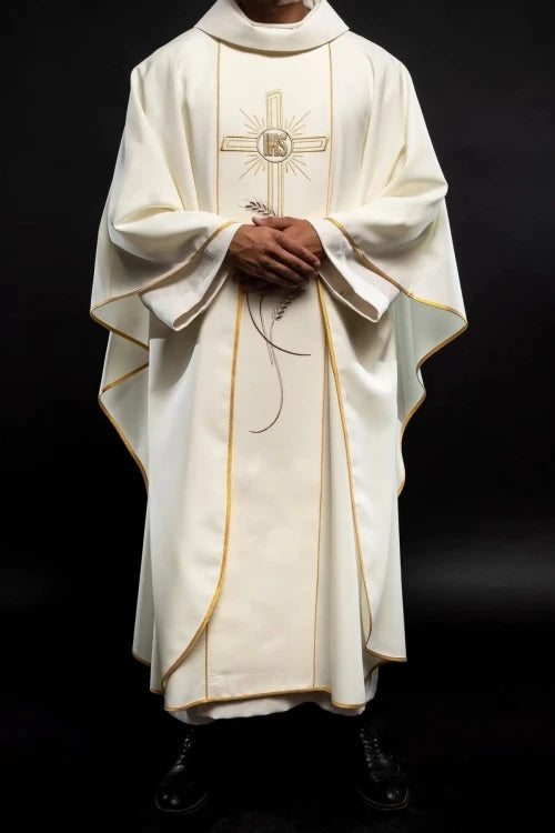 Ecru Chasuble with cross and IHS embroidery – Variant II — close-up detail