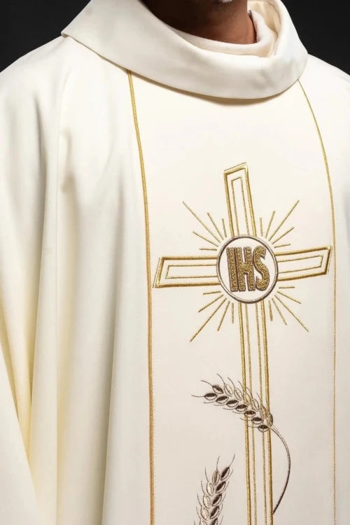 Ecru Chasuble with cross and IHS embroidery – Variant II — side view