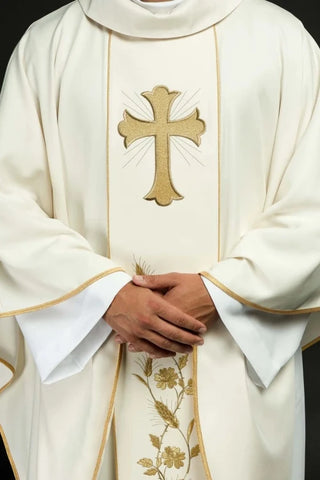 Ecru Chasuble with cross and wheat embroidery — front view
