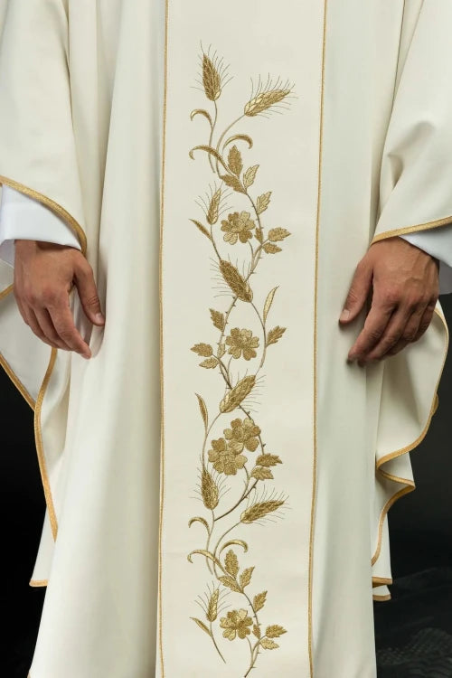 Ecru Chasuble with cross and wheat embroidery — back view
