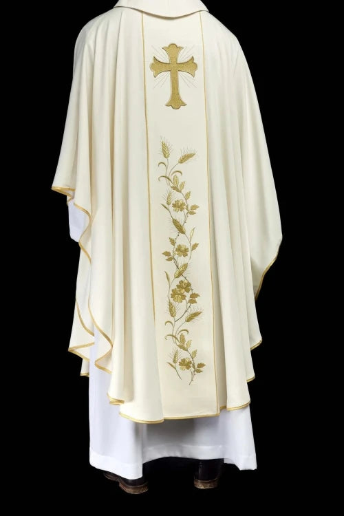 Ecru Chasuble with cross and wheat embroidery — side view