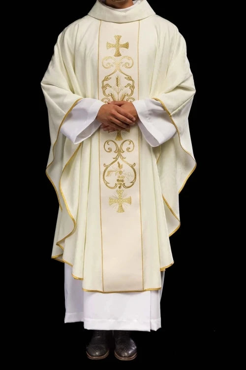 Ecru Chasuble with decorative band — front view