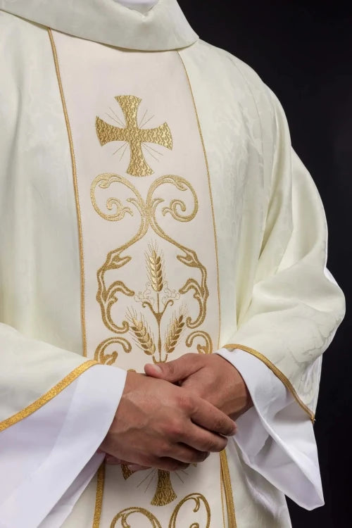 Ecru Chasuble with decorative band — full view
