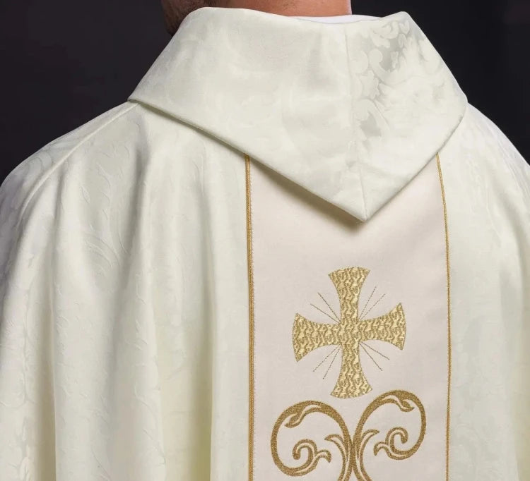 Ecru Chasuble with decorative band — side view