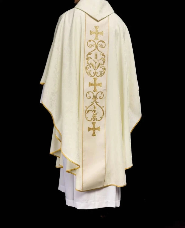 Ecru Chasuble with decorative band — fabric detail