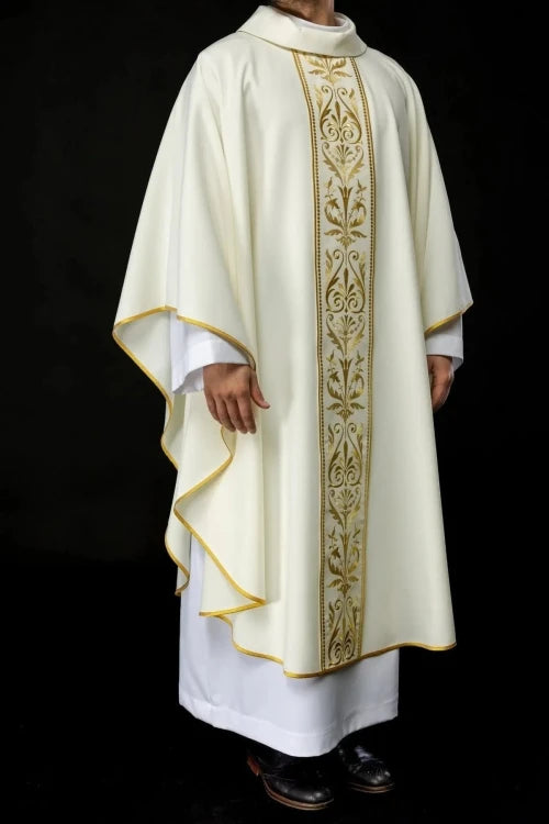 Ecru Chasuble with decorative embroidered band — front view