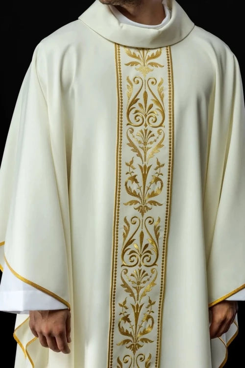 Ecru Chasuble with decorative embroidered band — full view