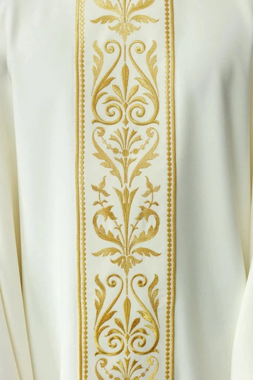 Ecru Chasuble with decorative embroidered band — back view
