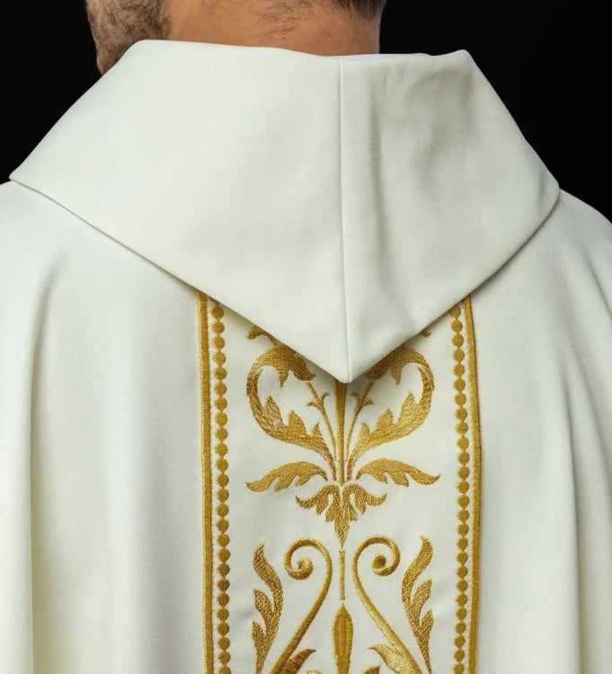Ecru Chasuble with decorative embroidered band — side view