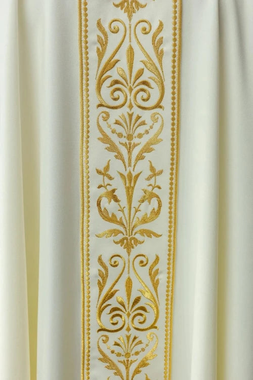 Ecru Chasuble with decorative embroidered band — collar detail