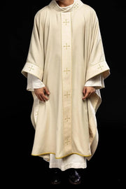 Ecru Chasuble with embroidered band and cross-decorated collar — front view
