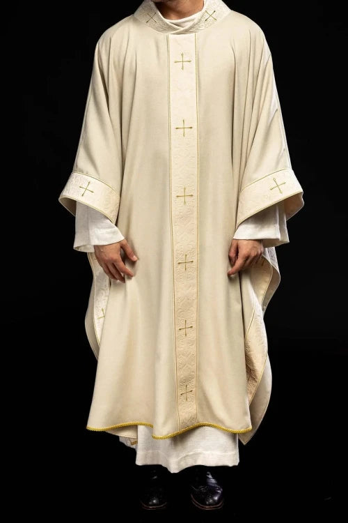 Ecru Chasuble with embroidered band and cross-decorated collar — front view