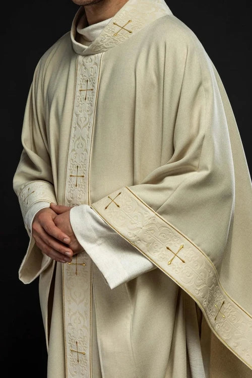 Ecru Chasuble with embroidered band and cross-decorated collar — full view