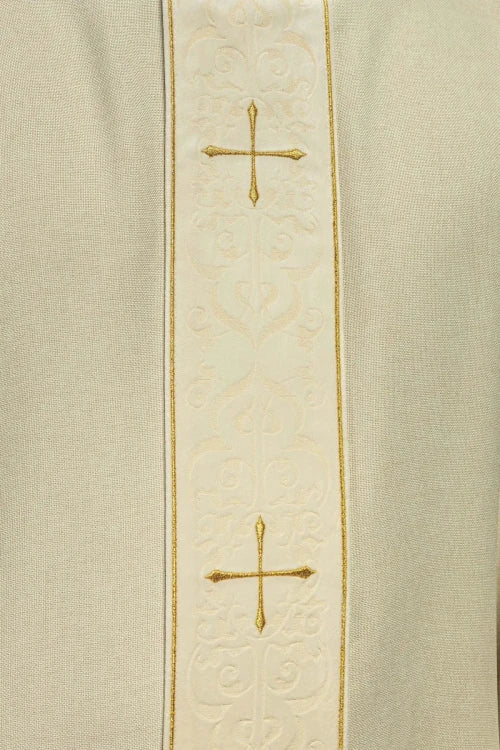 Ecru Chasuble with embroidered band and cross-decorated collar — back view