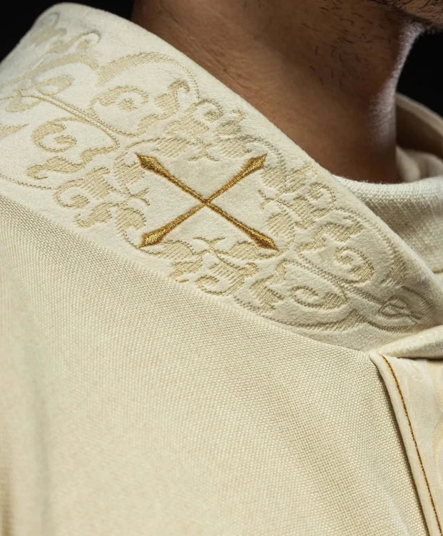 Ecru Chasuble with embroidered band and cross-decorated collar — side view