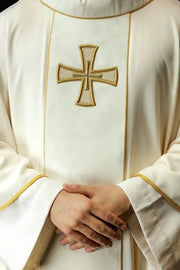 Ecru Chasuble with embroidered band with cross motif — front view