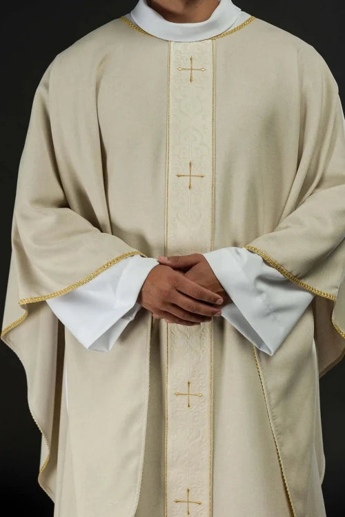 Ecru Chasuble with embroidered band with cross motif — front view