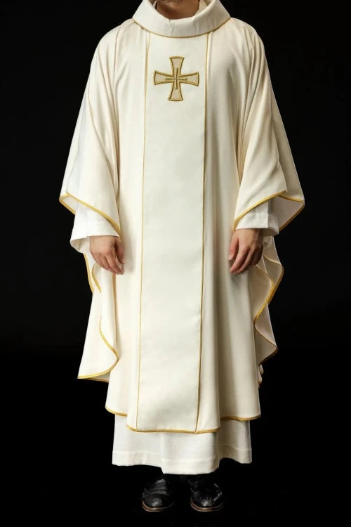 Ecru Chasuble with embroidered band with cross motif — full view