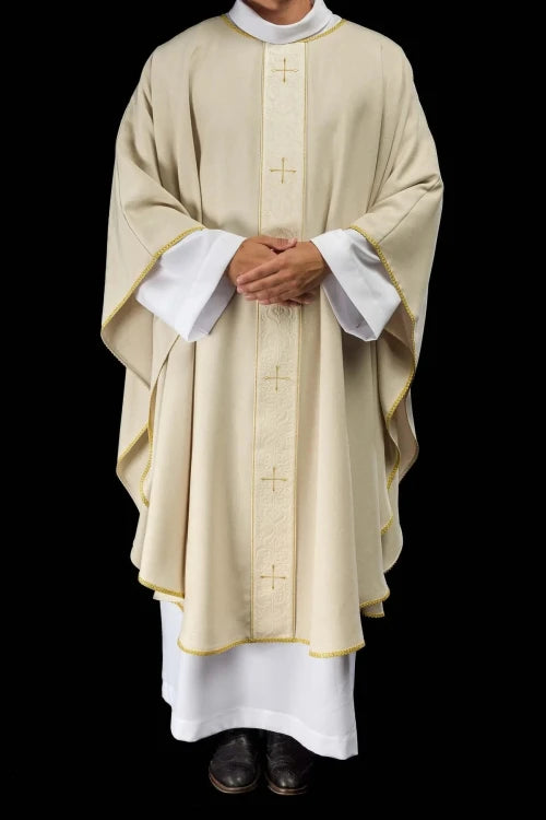 Ecru Chasuble with embroidered band with cross motif — full view