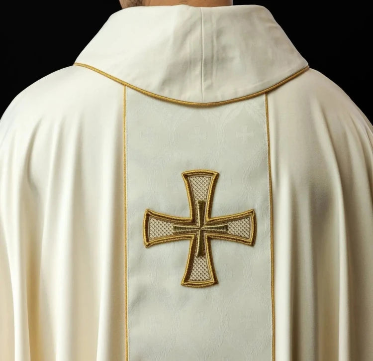 Ecru Chasuble with embroidered band with cross motif — back view