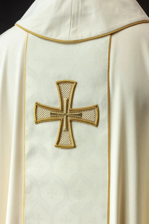 Ecru Chasuble with embroidered band with cross motif — close-up detail