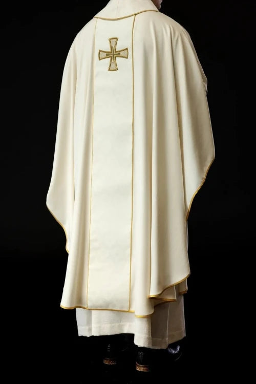 Ecru Chasuble with embroidered band with cross motif — side view