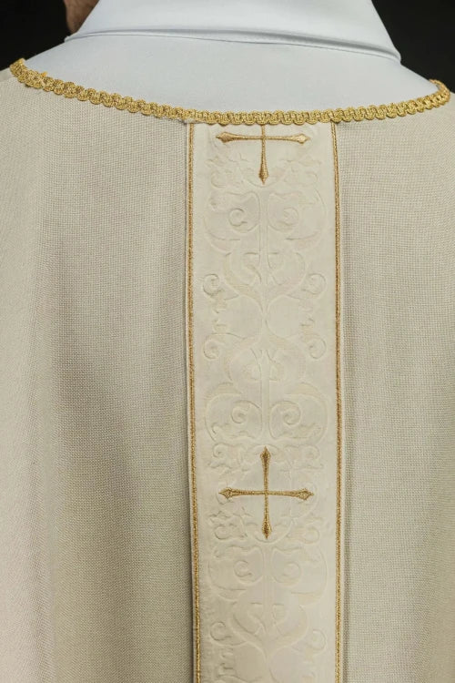 Ecru Chasuble with embroidered band with cross motif — side view