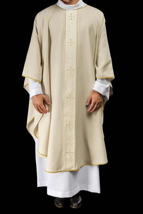 Ecru Chasuble with embroidered band with cross motif — vestment detail