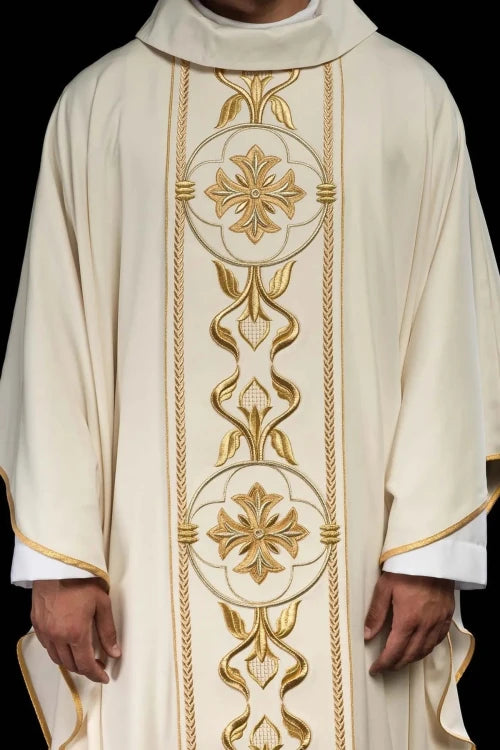 Ecru Chasuble with embroidered band with cross motif – Variant II — front view