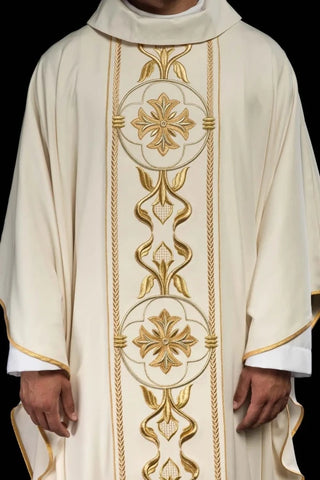 Ecru Chasuble with embroidered band with cross motif – Variant II — front view