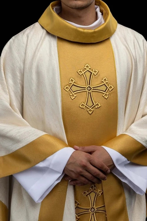 Ecru Chasuble with embroidered band with cross motif – Variant II — front view
