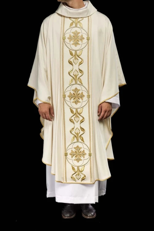 Ecru Chasuble with embroidered band with cross motif – Variant II — full view