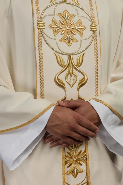 Ecru Chasuble with embroidered band with cross motif – Variant II — back view